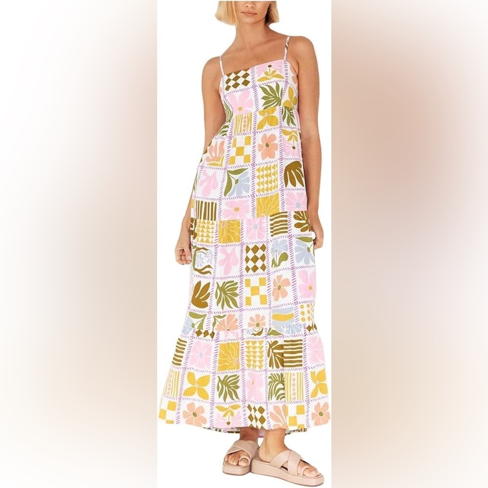 Paper‎ Hearts Pink Floral Patchwork Tie Back Rayon Maxi Dress Small Resortwear